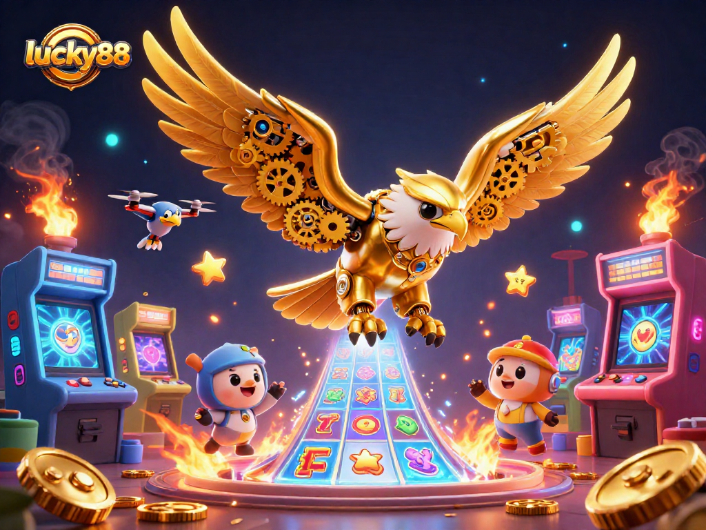 Engage in thrilling gameplay at lucky88 with a cybernetic eagle diving through slot game symbols.