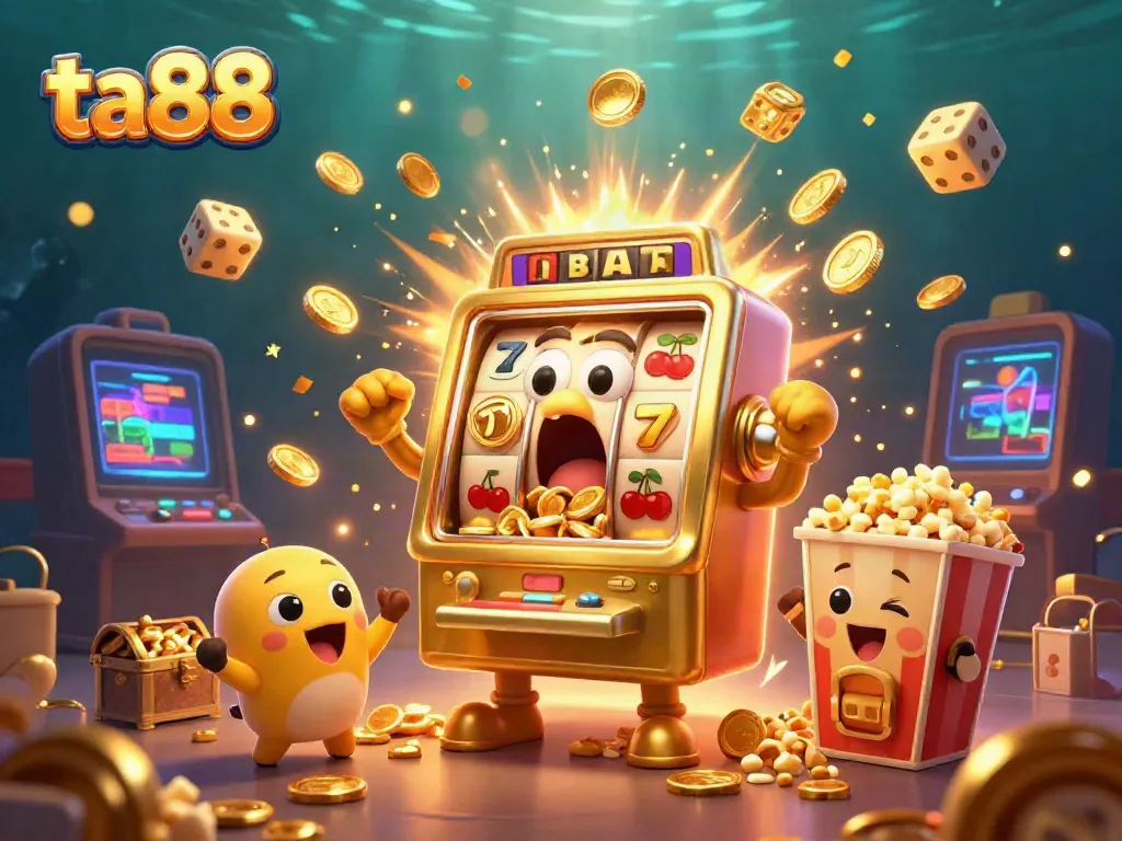 Experience the excitement of ta88 with a vibrant jackpot scene featuring a surprised slot machine and cheering confetti.