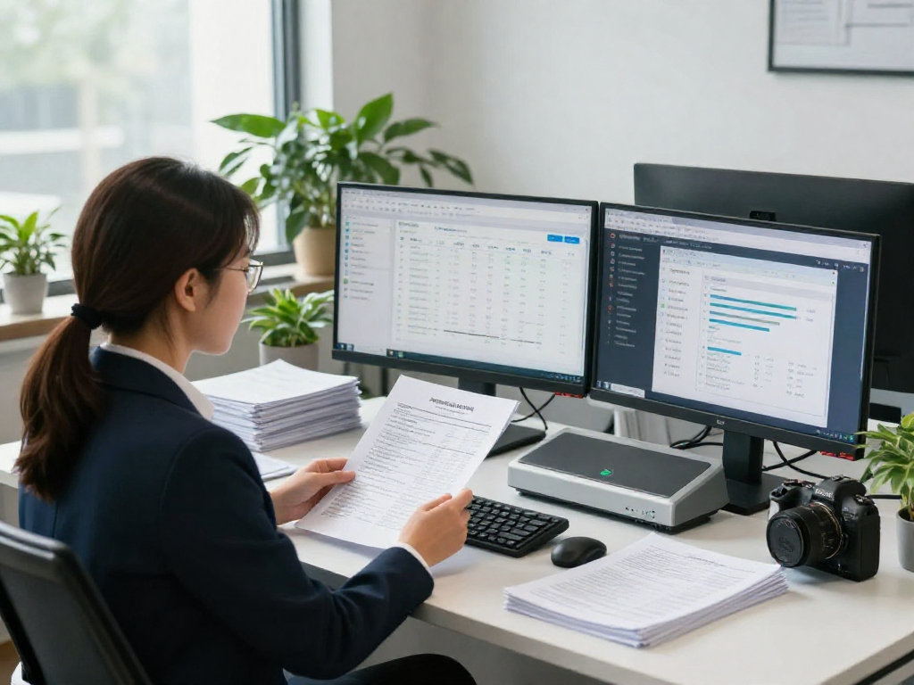 Analyst engaged in document fraud detection at a modern workspace with technology tools and documents.
