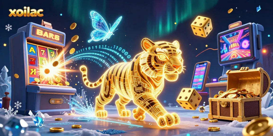 Xoilac showcases a dynamic casino scene with a glowing tiger and thrilling slot action.
