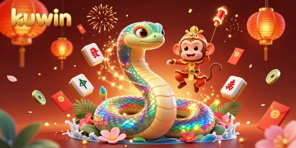 Kuwin offers a vibrant online casino experience showcasing a colorful 3D illustration with a rainbow serpent and casino elements.