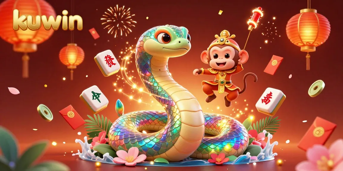 Kuwin offers a vibrant online casino experience showcasing a colorful 3D illustration with a rainbow serpent and casino elements.