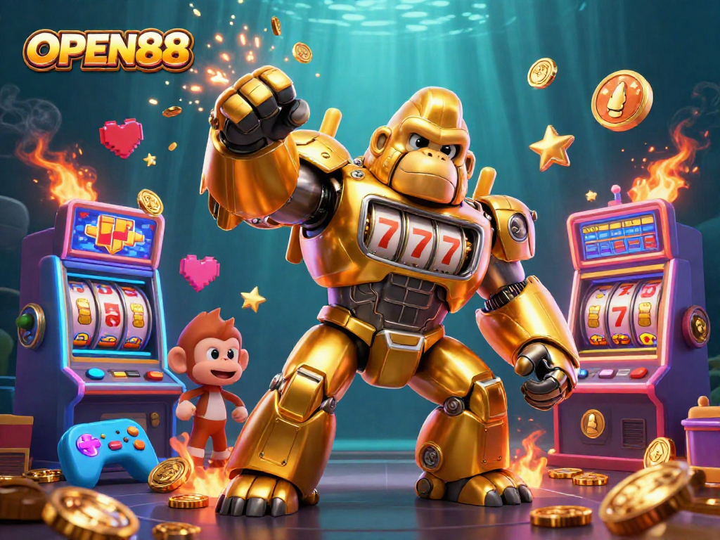 OPEN88 showcases a vibrant casino scene with a golden gorilla mech winning big amidst colorful slot machines.