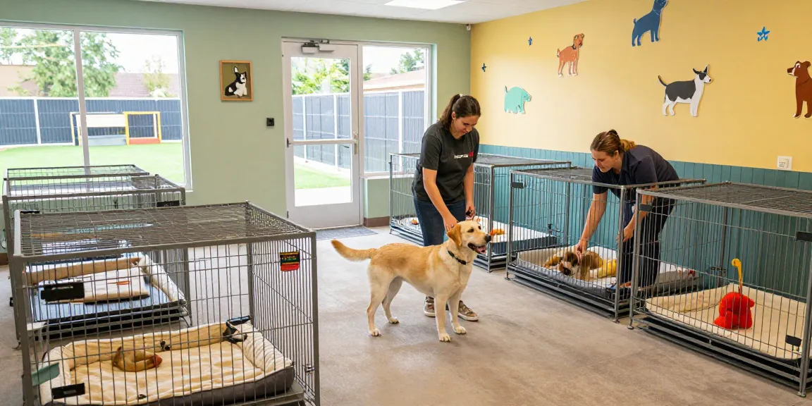 Spacious pet boarding cages for comfort and safety, featuring staff interacting with dogs.