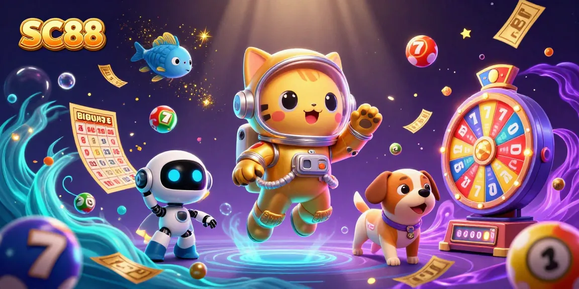 Engage with SC88's vibrant casino universe, featuring a cartoon astronaut cat and slot elements.