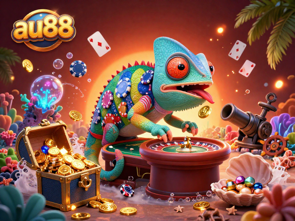 Engage in exciting gameplay at au88 as the cartoon chameleon casino owner collects golden coins amidst vibrant casino elements.