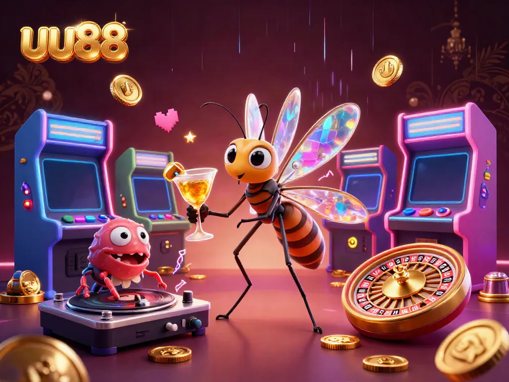 Experience thrilling fun at uu88 with a vibrant digital illustration featuring unique casino mascots and lively gaming elements.