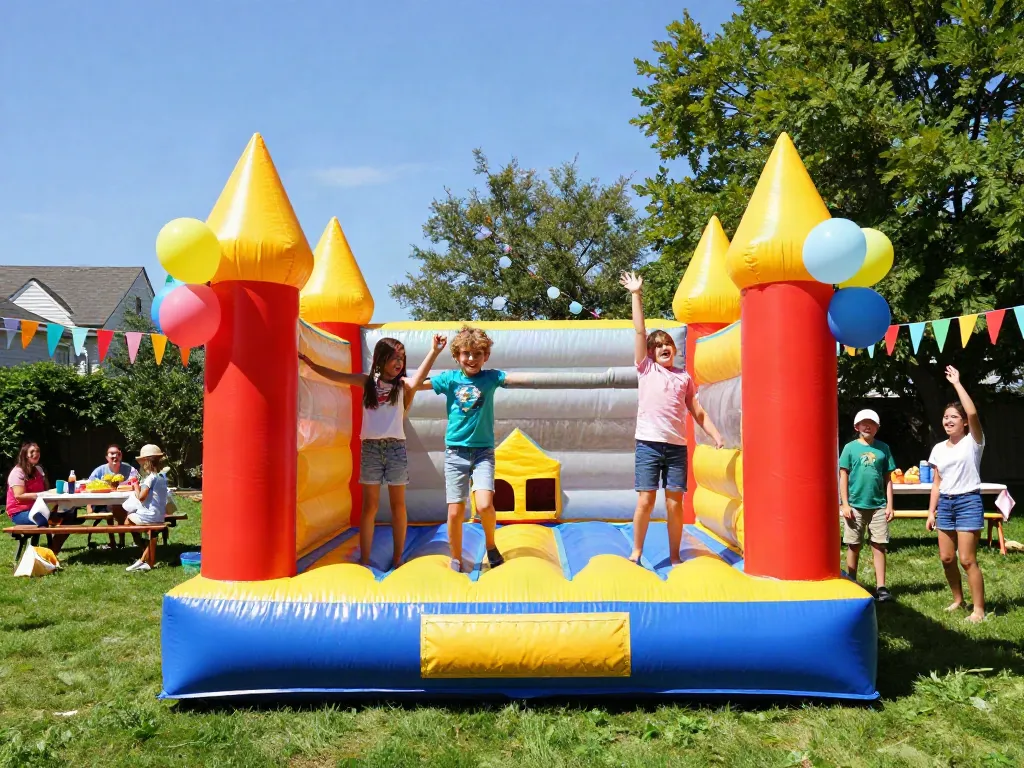 Bouncing kids having fun in a colorful bounce castle at a joyful backyard party.