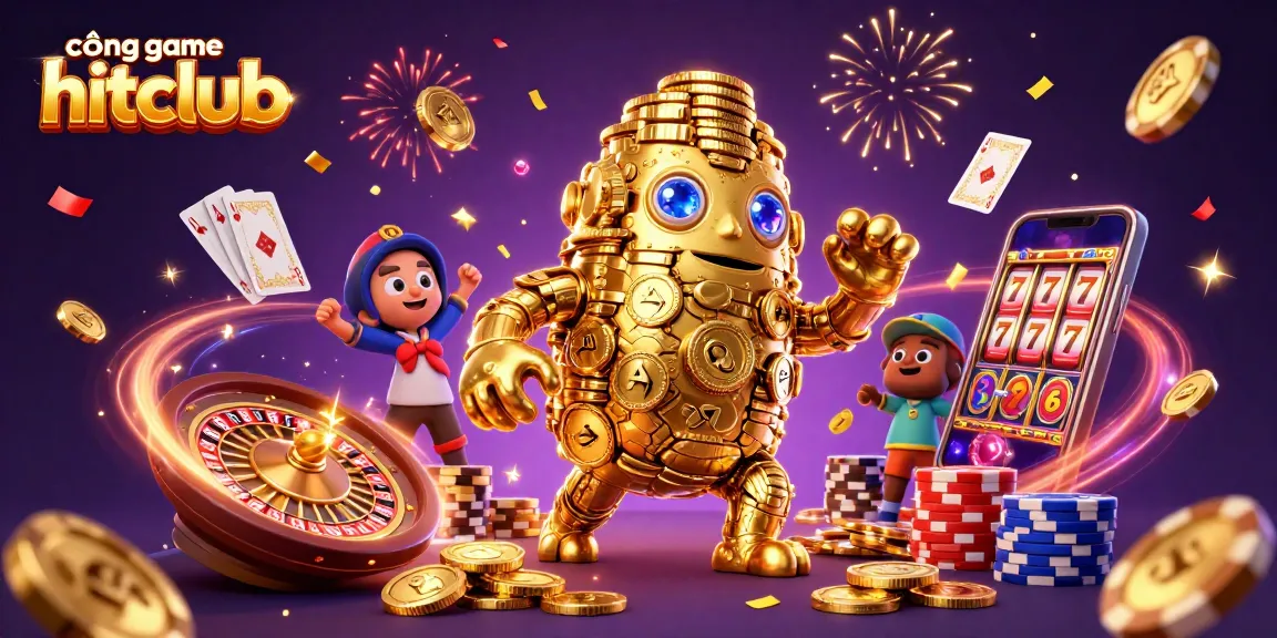 Engage with cổng game hitclub's dynamic gaming features highlighted by festive golden symbols and casino elements.