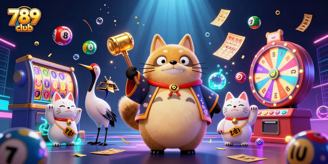 A colorful 789 club illustration showcasing slot reels and cheerful characters celebrating wins.