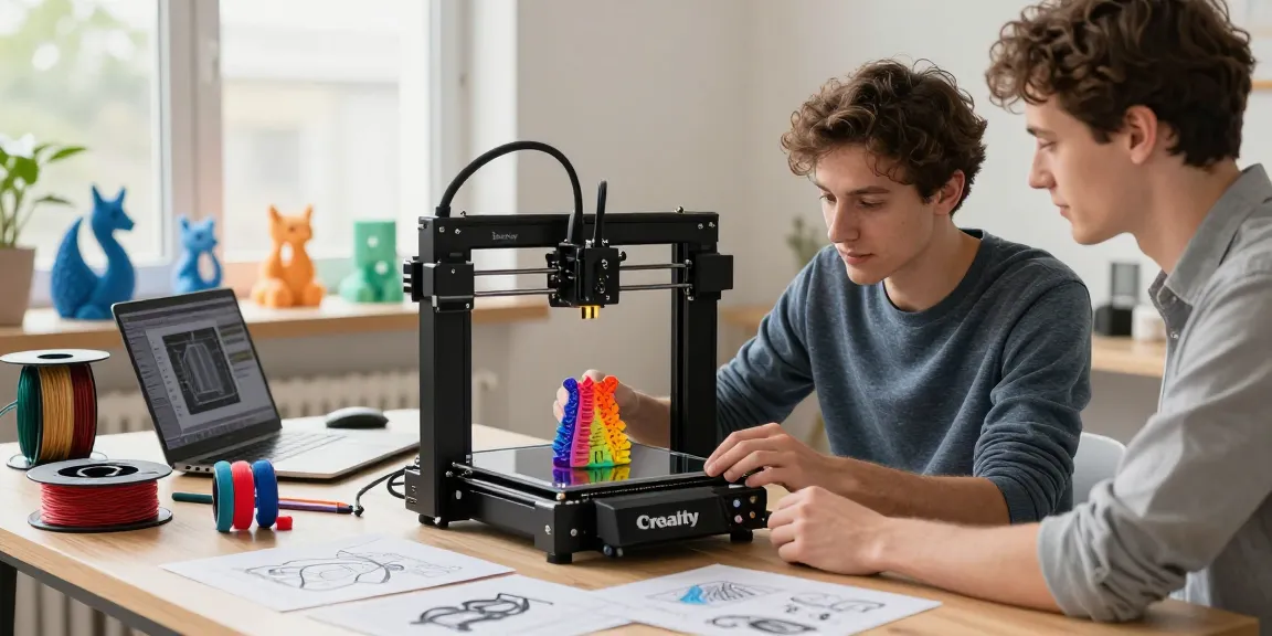 Creative workspace featuring a Creality 3D printer printing multicolor designs, vibrant filaments around.
