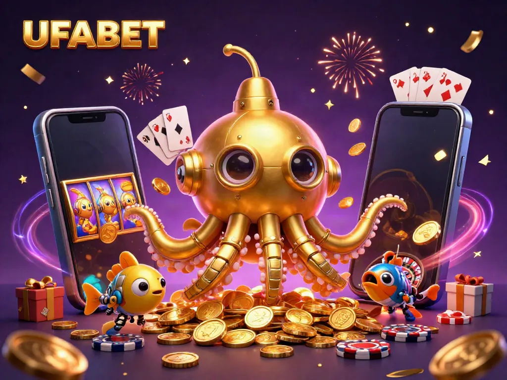 Experience UFABET's thrilling gaming world with a kraken submarine and golden coins.