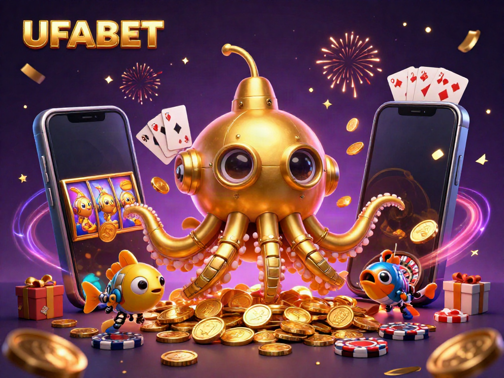 Experience UFABET's thrilling gaming world with a kraken submarine and golden coins.