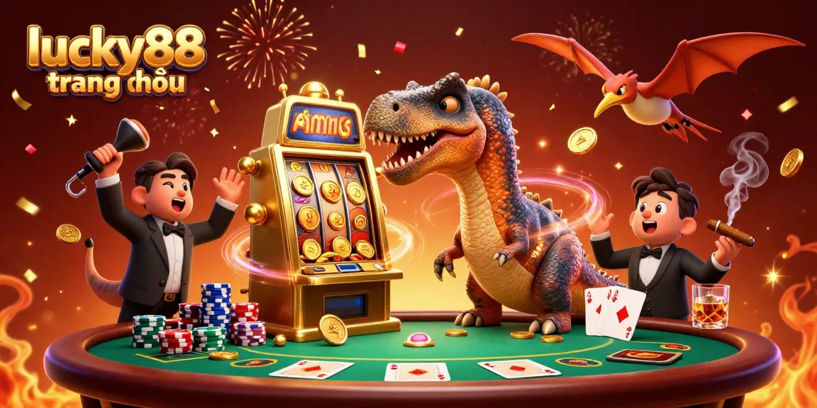 Engaging scene depicting lucky88 trang chủ with dynamic casino characters celebrating jackpot wins amidst vibrant game elements.