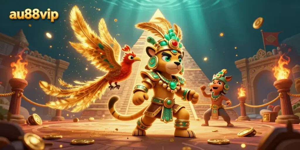 Engage with au88vip's thrilling gaming world where the Mayan jaguar priest and quetzal bird lead your adventure.
