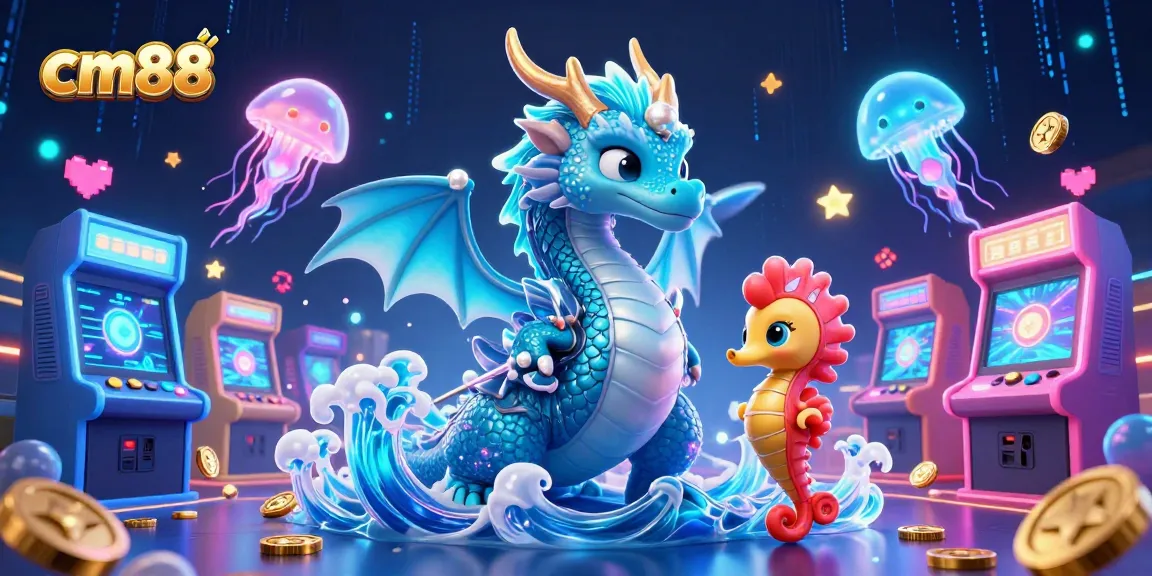 Engage with cm88's dynamic gaming universe, featuring an azure water dragon and vibrant slot elements.