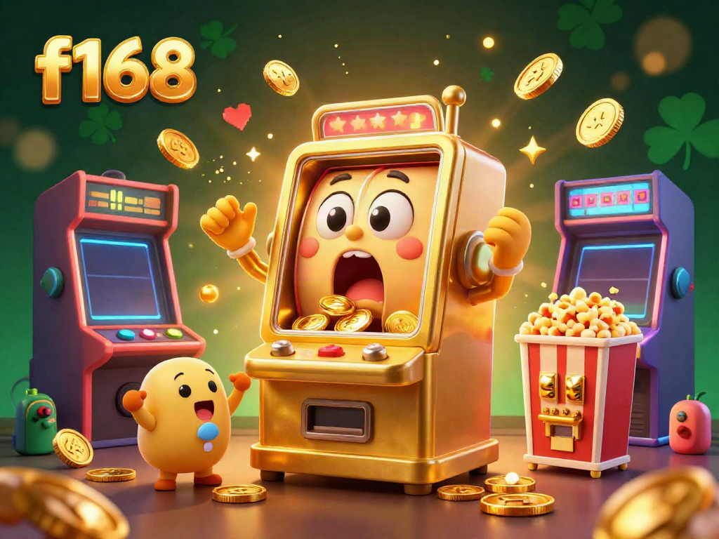 Experience the thrill of f168 with a slot machine hitting a jackpot, surrounded by cheering machines and whimsical game elements.