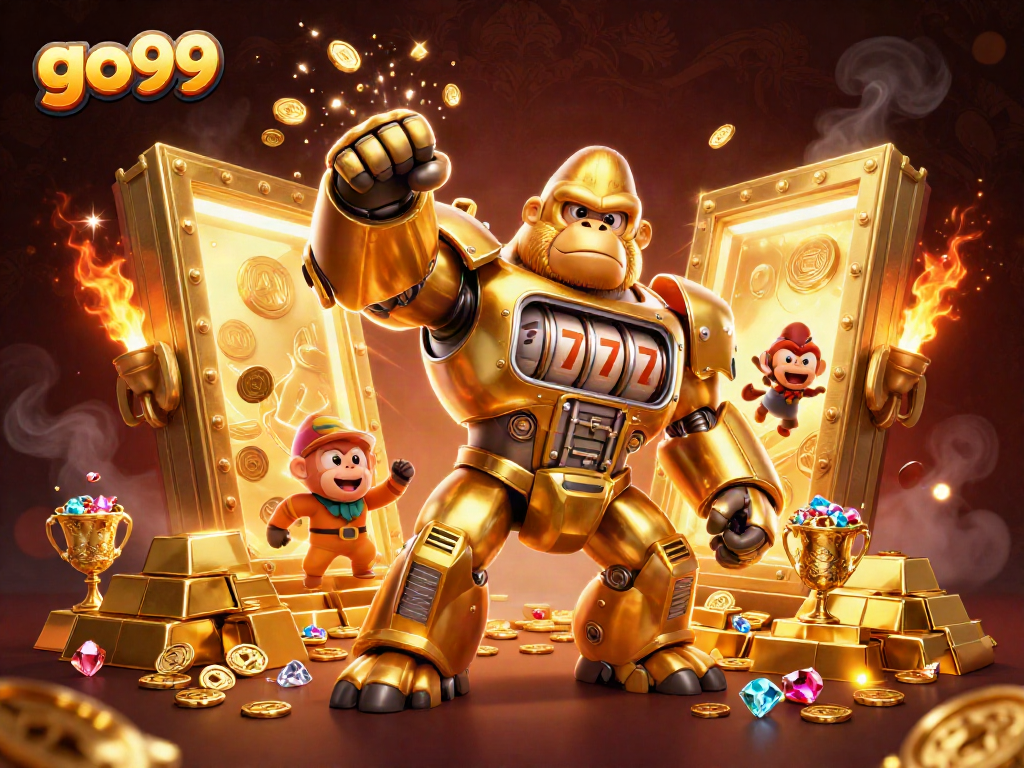 Experience thrilling wins at go99 with a dynamic scene featuring a golden gorilla mech and treasure elements.