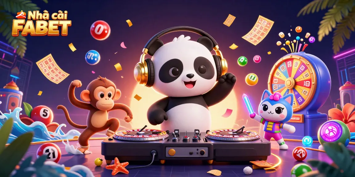 Engage with Nhà cái FABET in a vibrant online casino scene featuring a DJ panda, breakdancing monkey, and glow-stick kitten.