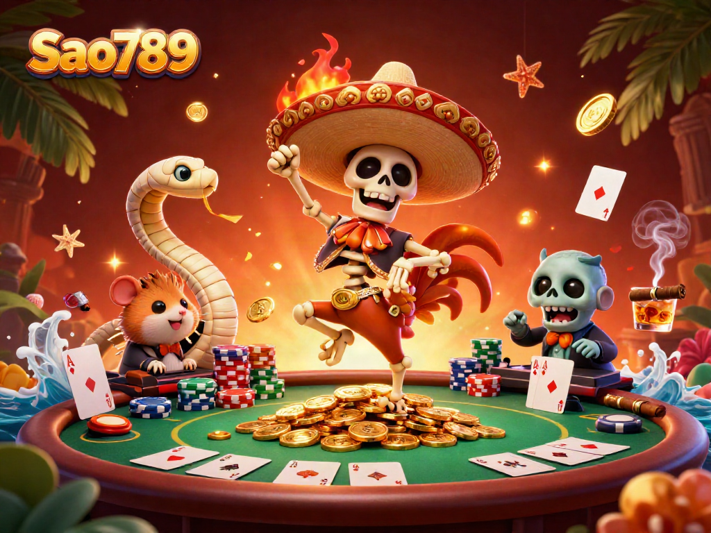 Engaging Sao789 casino scene with animated characters, poker elements, and vibrant atmosphere.