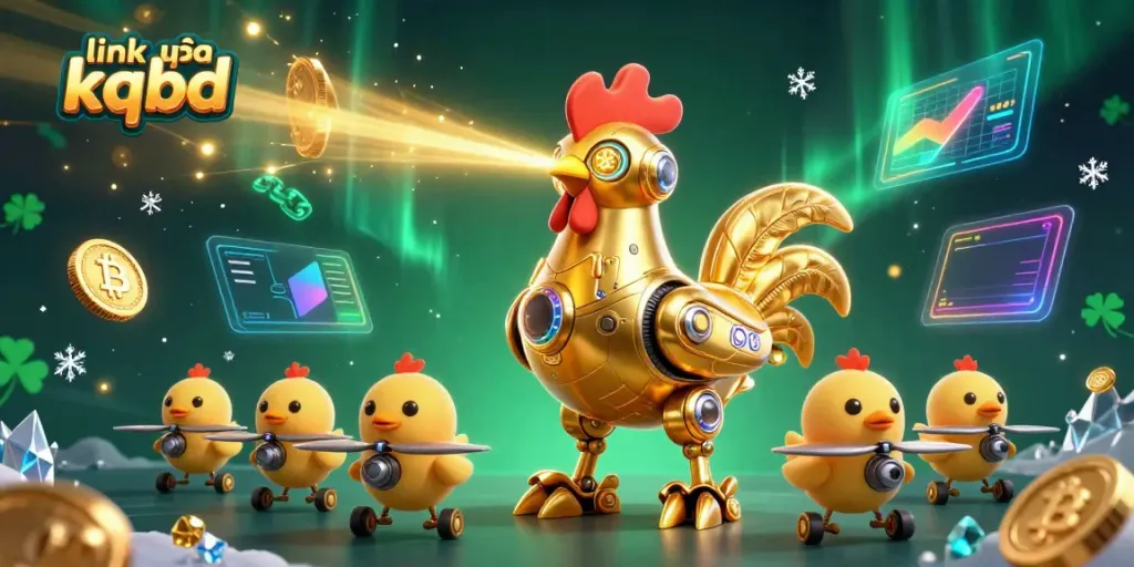 Experience the thrill of link vào kqbd with a futuristic rooster robot and crypto elements.
