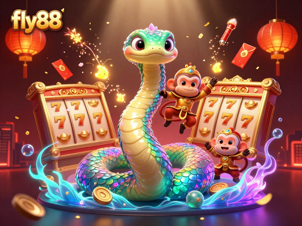 Engage in thrilling gameplay with fly88, showcasing a vibrant casino scene of winning slots and enchanting characters.