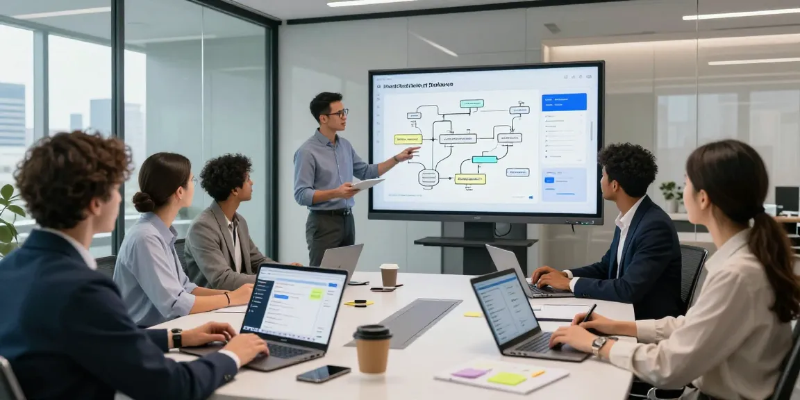 Diverse professionals collaborating in a modern office environment on AI productivity tools, showcasing active engagement and innovation.