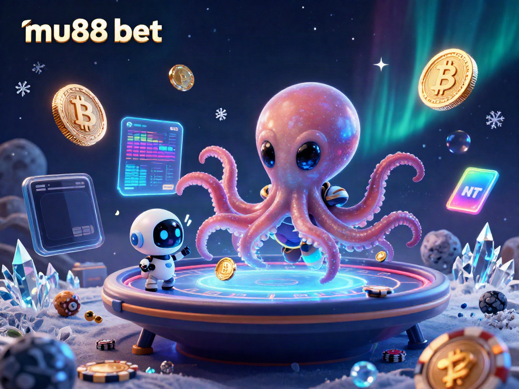 Experience thrilling poker action with mu88 bet while a cartoon alien octopus navigates a holographic table in space.