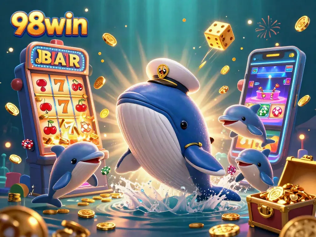 Engage with 98win, showcasing a thrilling casino underwater scene featuring playful dolphins and a jackpot explosion.