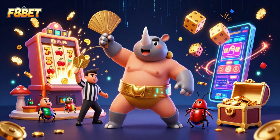 Experience excitement at F8BET with a dynamic scene featuring a sumo champion beetle, coins flying, and vibrant casino elements.