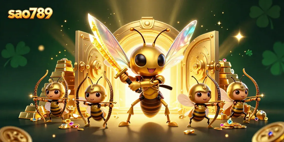 Engage with sao789's vibrant cartoon scene featuring an armored hornet and bee archers among golden treasures.