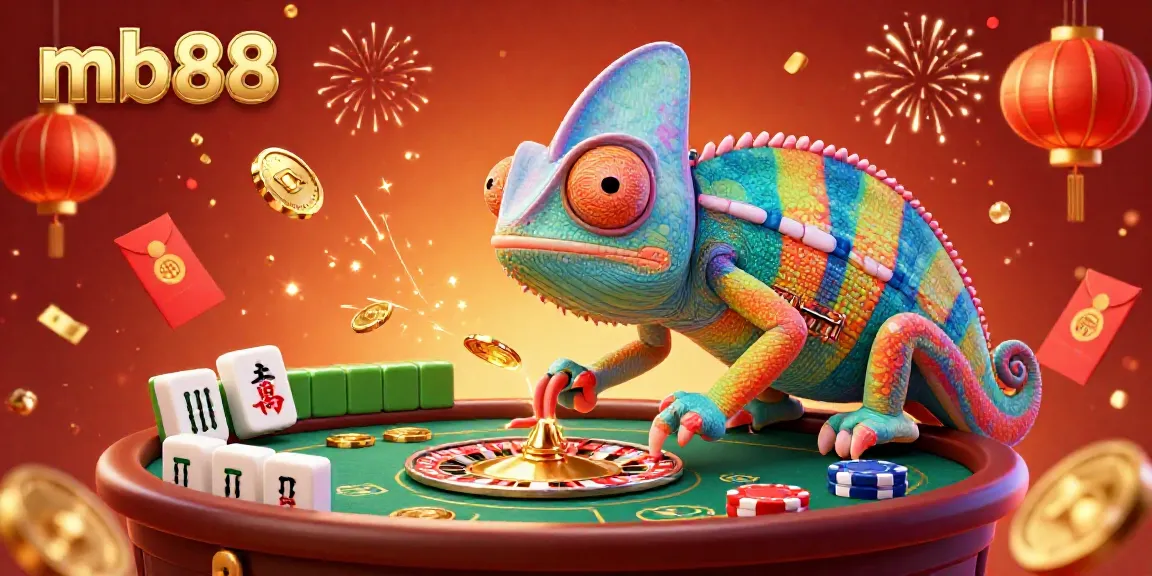 Experience the vibrant world of mb88 with an exciting chameleon casino owner amidst golden coins and festive decorations.