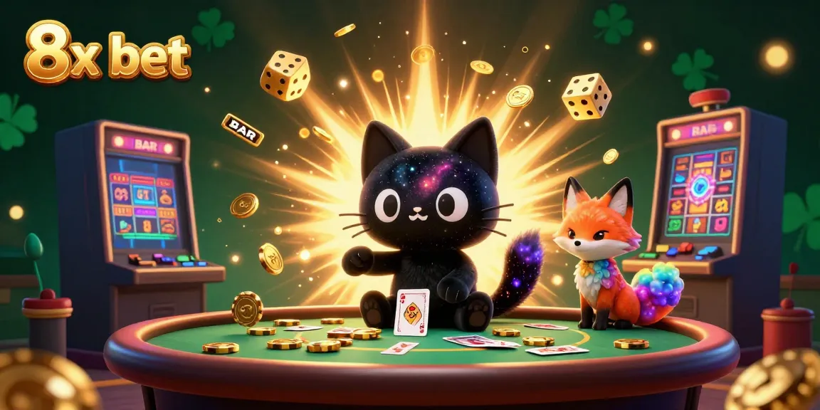 Camp with 8x bet gaming visuals featuring a 3D cartoon black hole cat and nebula fox surrounded by casino elements.