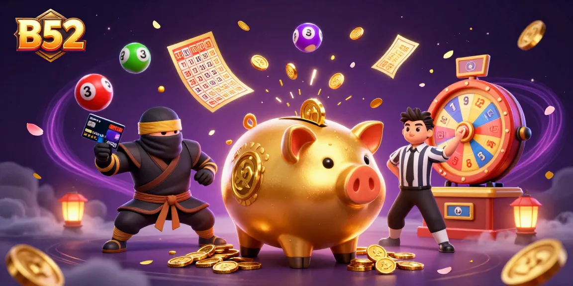 B52 casino illustration with dynamic golden piggy bank wrestler surrounded by vibrant gaming elements
