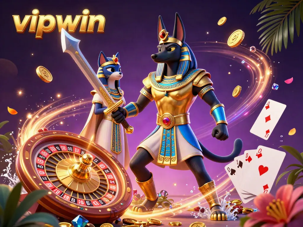 Experience the thrilling world of vipwin with Anubis and Bastet amidst a cascade of winning elements and casino action.
