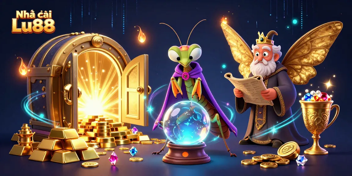Experience the thrill with Nhà cái Lu88's vibrant casino scene featuring enchanting characters and gold treasures.
