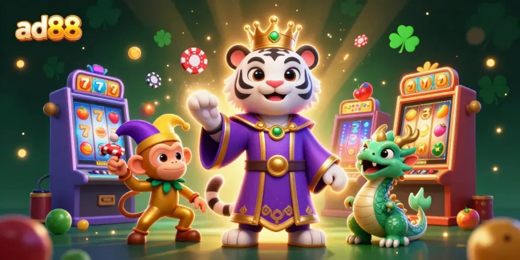 Engage with ad88’s stunning 3D visual featuring a tiger, monkey, and dragon in a dynamic casino scene.