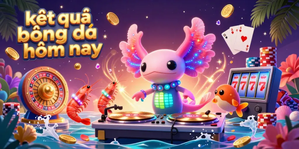 The lively scene features a colorful cartoon axolotl DJ highlighting kết quả bóng đá hôm nay, surrounded by lively shrimp dancers and casino elements.