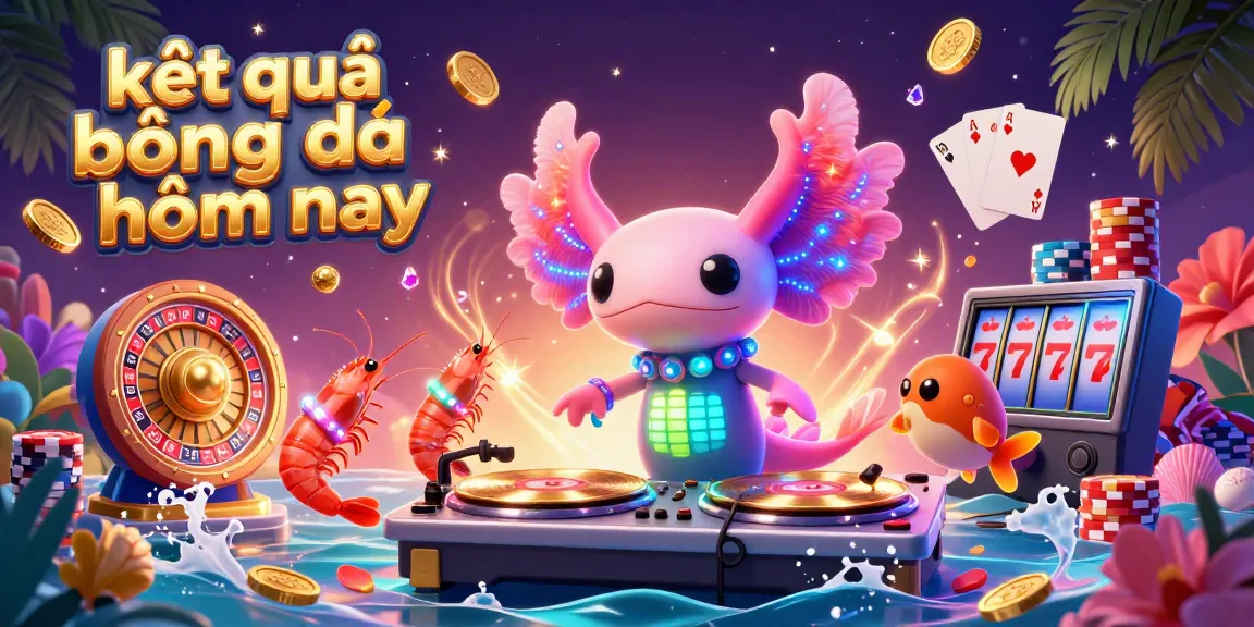 The lively scene features a colorful cartoon axolotl DJ highlighting kết quả bóng đá hôm nay, surrounded by lively shrimp dancers and casino elements.