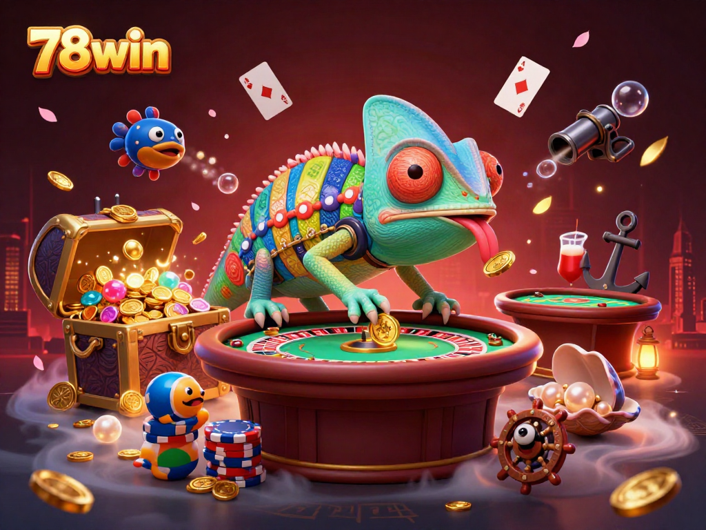Experience vibrant gaming at 78win with a chameleon casino owner amidst gold coins and cards.