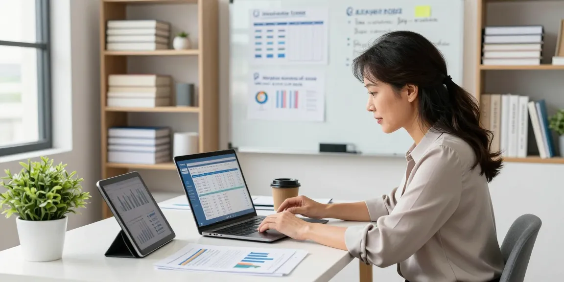 Small business owner using accounting software for small business at a modern desk, analyzing financial data with documents and charts.