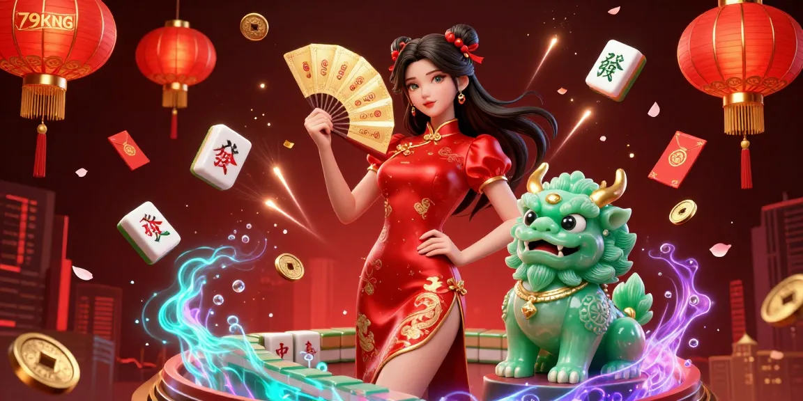 Engage with 79KING at a vibrant casino featuring a woman in a red qipao, jade lion, and dynamic gaming elements.