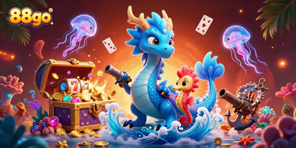 Experience the thrilling underwater world of 88go, featuring a dragon and knight amidst vibrant game elements.