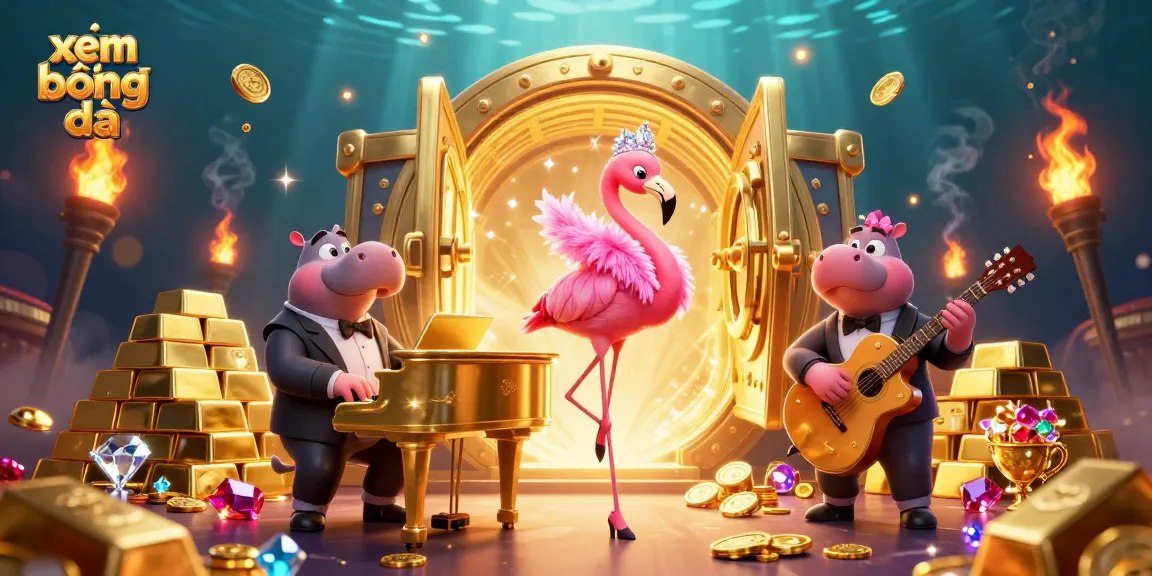 Xem bóng đá live stream with colorful gambling elements and cartoon characters in a lively animated casino setting.