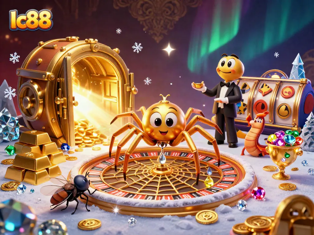 Spin big with lc88 in a dynamic casino illustration featuring an exciting roulette wheel and lavish treasures.