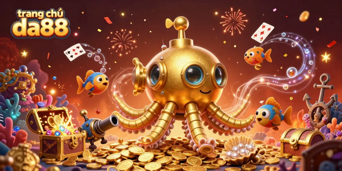Engage with the thrilling world of trang chủ da88, featuring a vibrant 3D illustration of a golden kraken submarine and mechanical fish.