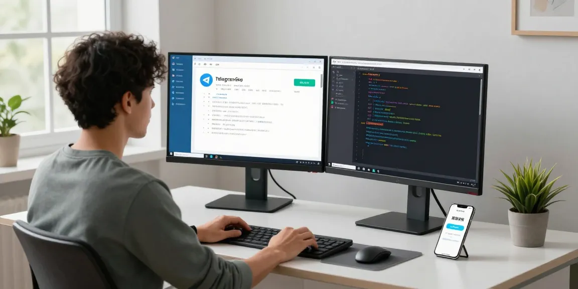Telegram Chinese language setup shown in a modern workspace with screens displaying settings.