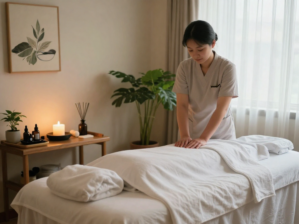 Relaxing wellness massage therapy room setting for 의왕출장안마 with calming atmosphere and essential oil diffusers.