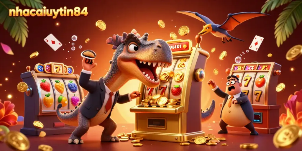 nhacaiuytin84 showcases a playful dinosaur and casino elements in vibrant 3D illustration.