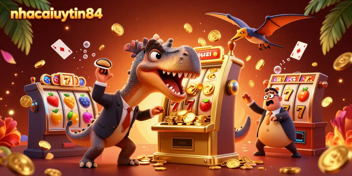 nhacaiuytin84 showcases a playful dinosaur and casino elements in vibrant 3D illustration.